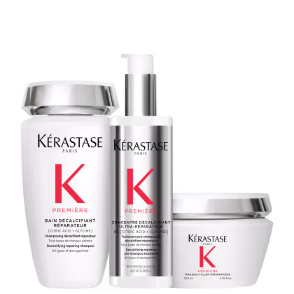 Kit com shampoo, máscara capilar e tratamento capilar Première, da marca Kérastase.