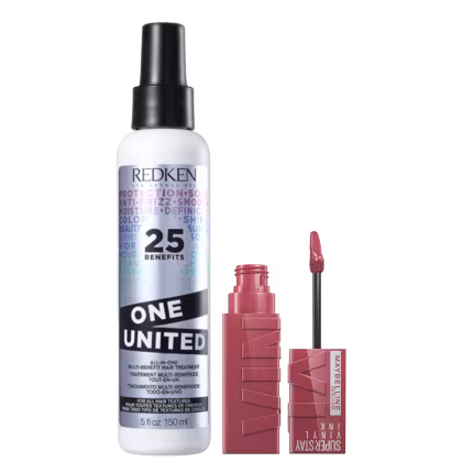 Kit com o tratamento capilar Redken One United e batom líquido Maybelline Superstay Vinyl Ink.