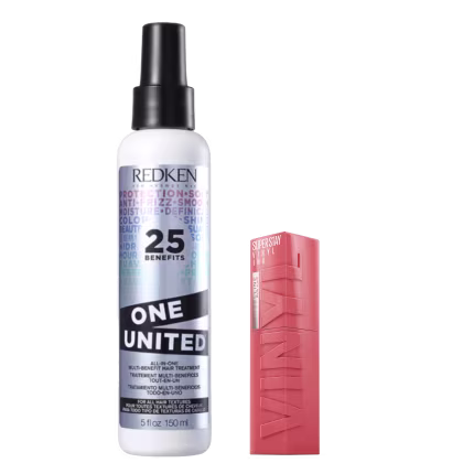 Tratamento capilar Redken, chamado "One United". Trata-se de um tratamento multi-benefício em formato de spray, com 25 benefícios anunciados na embalagem. Ao lado, há a embalagem do batom líquido superstay ink da marca Maybelline.