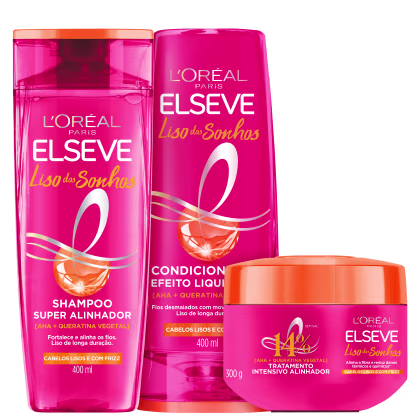 Kit com shampoo, condicionador e máscara Liso dos Sonhos, da marca Elseve.