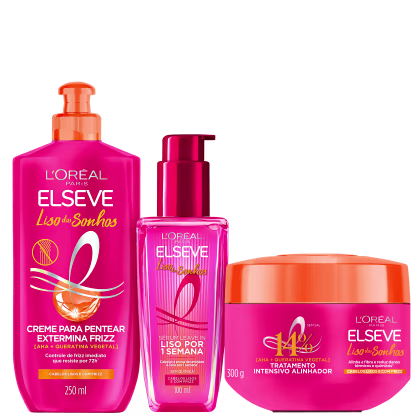 Kit com creme de pentear, sérum capilar e máscara capilar Liso dos Sonhos, da marca Elseve.