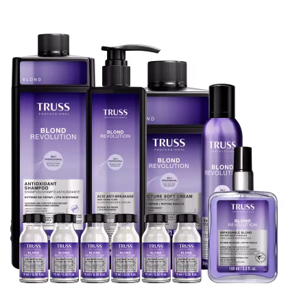 Kit com shampoo, acidificante, máscara, finalizador, ampolas capilares e mousse neutralizante Blond Revolution, da marca TRUSS.