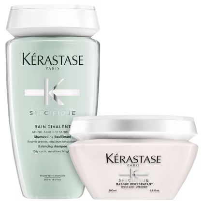 Kit com shampoo e máscara Spécifique, da marca Kérastase.