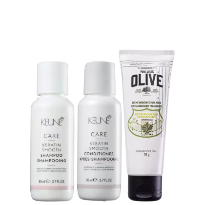 Kit Beleza na Web shampoo e condicionador Keune Keratin Smooth Mini + Creme Korres Olive Mãos