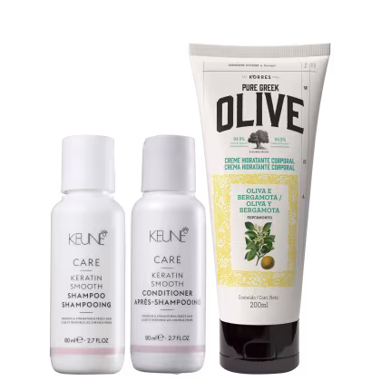 Kit Beleza na Web com shampoo e condicionador Keune Keratin Smooth Mini + Creme Corporal Korres Olive e Bergamota