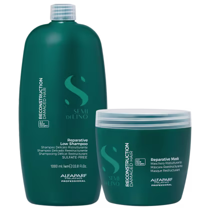 Produtos de cabelo da marca Alfaparf Milano, incluindo um frasco grande de shampoo reparador e um pote de máscara reparadora, ambos em tonalidade verde escura com detalhes em branco.