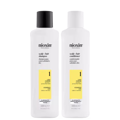 Kit com shampoo e condicionador Volume Thinning Sistema 1, da marca Nioxin.