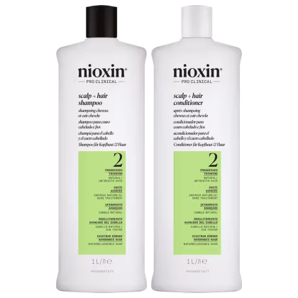 Kit com shampoo e condicionador Volume Thinning Sistema 2, da marca Nioxin.