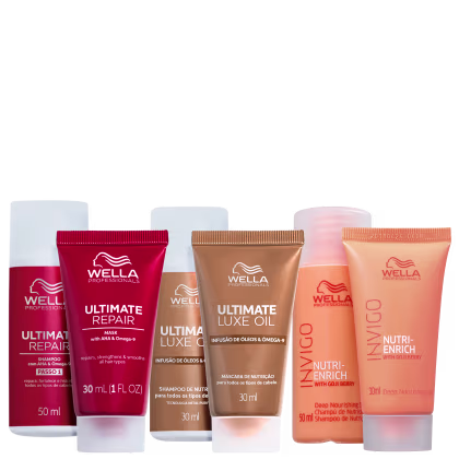 Produtos da marca Wella Professionals, incluindo shampoo, e máscara das linhas Invigo Nutri-Enrich, Ultimate Repair e Ultimate Luxe OIl