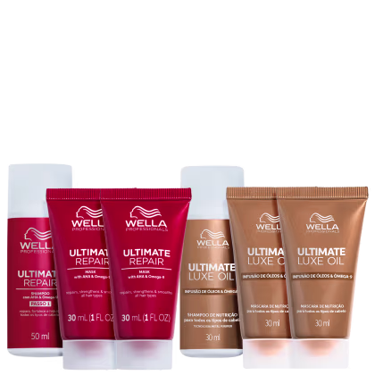 Produtos da linha Ultimate Repair e Ultimate Luxe Oil da marca Wella Professionals, incluindo shampoo e máscara miniaturas de 30ml e 50ml