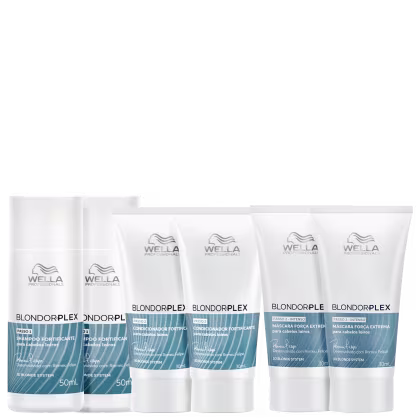 Produtos da linha Blondorplex da Wella Professionals, incluindo shampoo, condicionador e máscaras para cabelos loiros, em embalagens brancas e azuis com o logotipo da marca.