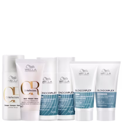 A imagem mostra produtos da marca Wella Professionals, incluindo shampoo, condicionador e máscara das linhas BlondorPlex e Oil Reflections, com volumes de 30ml e 50ml