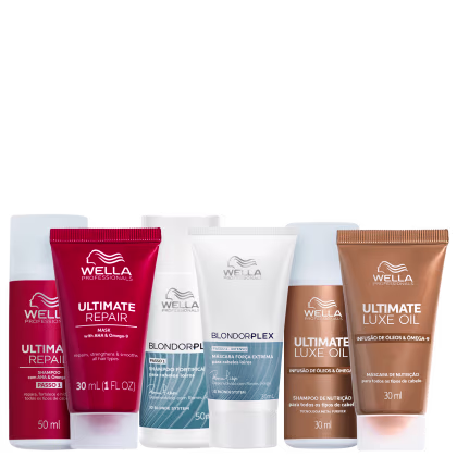 Produtos da marca Wella Professionals: shampoo e máscara das linhas BlondorPlex, Ultimate Repair e Ultimate Luxe Oil, com volume de 30ml e 50ml