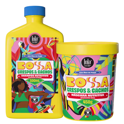Produtos da marca Lola From Rio, incluindo um frasco de shampoo nutritivo Bossa Crespos & Cachos de 500 ml e um pote de máscara nutritiva Bossa Crespos & Cachos de 450 g, com embalagens coloridas e vibrantes em tons de amarelo, rosa e azul.