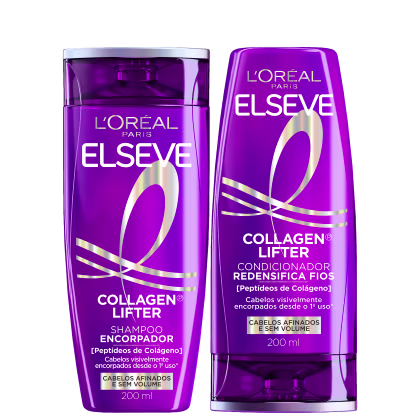 Dois frascos de produtos Elseve da L'Oréal Paris, com embalagens roxas e detalhes dourados. O primeiro é um shampoo Collagen Lifter e o segundo é um condicionador Collagen Lifter, ambos com 200 ml.