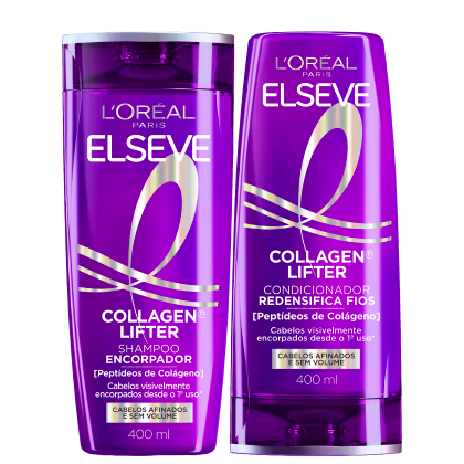 Dois frascos de shampoo e condicionador da linha Elseve Collagen Lifter da L'Oréal Paris, com embalagens roxas e detalhes em dourado, indicando o tratamento de colágeno para cabelos afinados e sem volume.