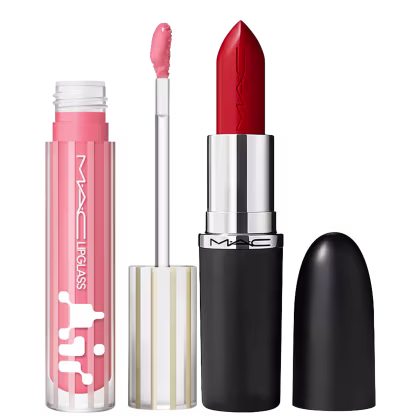 Kit M·A·C MACximal Satin Left On Red + Lipglass Airshine Snobbish, 2 produtos.