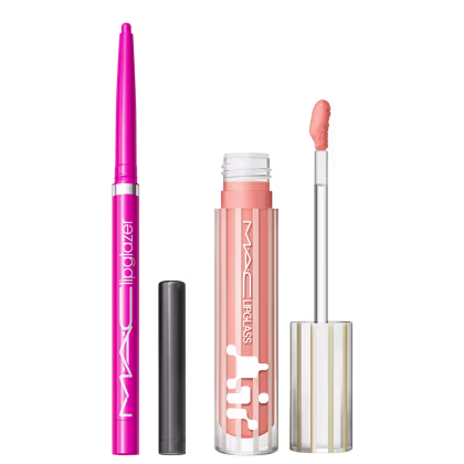 Kit M.A.C Lipglass Airshine Behaved + Lipglazer Glossy Liner Candy Yum Yum, 2 produtos.