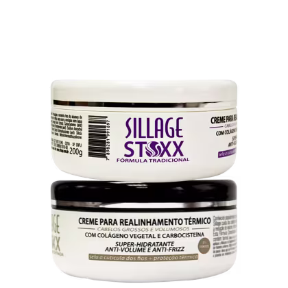 Creme para realinhamento térmico da marca Sillage Stoxx, em embalagem branca com rótulo roxo e preto, contendo informações sobre os ingredientes e benefícios do produto.