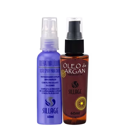 Dois produtos Sillage: um frasco spray azul de 60ml com rótulo "Queratina Líquida" e um frasco marrom de 60ml com rótulo "Óleo de Argan", ambos com embalagens plásticas e bombas doseadoras.