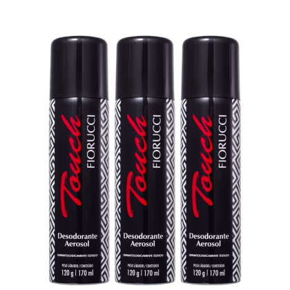 Três frascos de desodorante aerossol da marca Fiorucci, com embalagem preta e vermelha, exibindo o nome da marca em destaque. Os frascos possuem 170 ml de conteúdo líquido.