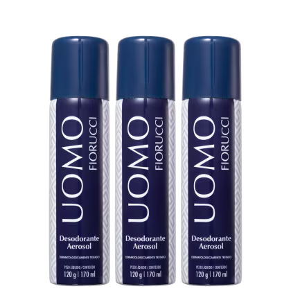 Três frascos de desodorante aerossol da marca Fiorucci, com embalagem azul escura e branca, contendo 170 ml cada. O rótulo apresenta o nome da marca em destaque.