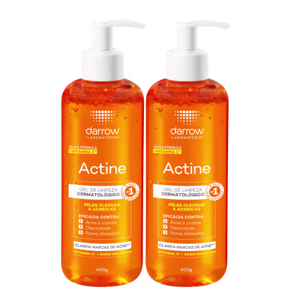 Dois frascos de gel de limpeza dermatológico Darrow Actine, com 400g cada, com bomba dosadora branca. Os frascos possuem cor laranja vibrante e rótulos com informações sobre a fórmula com vitamina C e eficácia contra acne, oleosidade e poros dilatados.