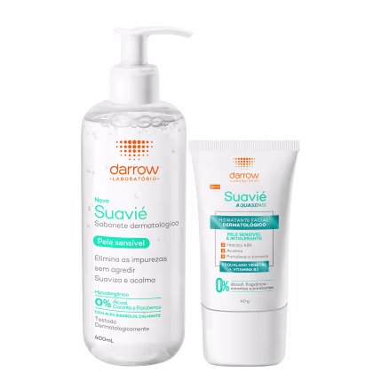 Produtos de beleza da marca Darrow: sabonete dermatológico Suavie para pele sensível em frasco branco com bomba e hidratante facial Suavie Aquasensi em tubo branco, ambos com detalhes em laranja.