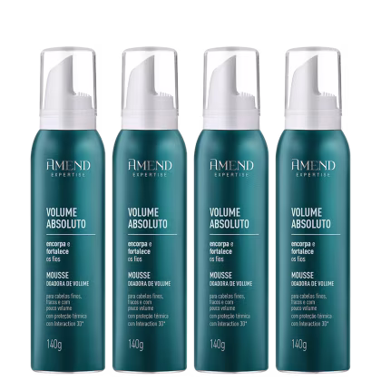 Quatro frascos de mousse volumizadora da linha Volume Absoluto da marca Amend Cosméticos, com embalagem plástica branca e azul-esverdeada, contendo 140g cada.