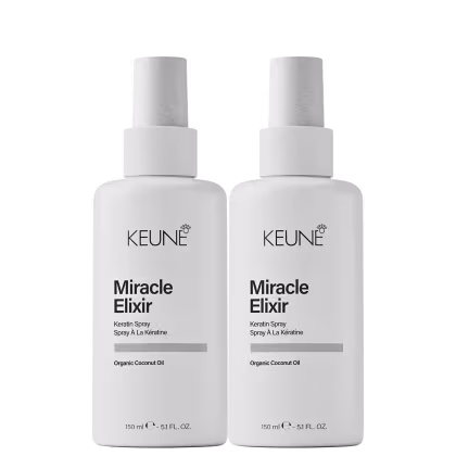Dois frascos brancos de 150 ml da linha Miracle Elixir da Keune, um spray de queratina com óleo de coco orgânico, com rótulos em preto e branco.