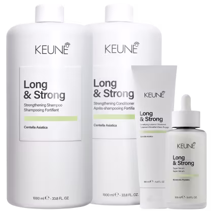 A linha de produtos Keune Long & Strong, composta por shampoo, condicionador e sérum, em embalagens brancas com detalhes em verde, destinada ao fortalecimento e crescimento dos cabelos.
