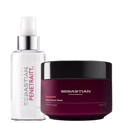 Dois produtos de beleza da marca Sebastian Professional: um frasco de soro com rótulo branco e prata, e um pote de máscara de tratamento com rótulo vermelho escuro e preto. Ambos os produtos apresentam embalagens modernas e minimalistas