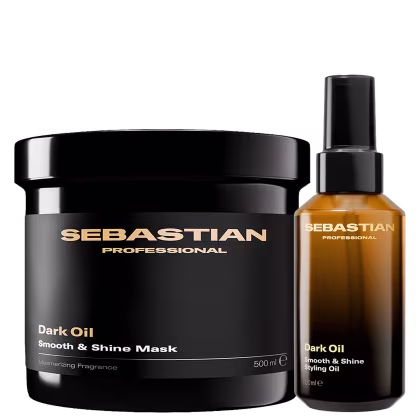Produtos de beleza da marca Sebastian Professional, incluindo um pote preto com rótulo dourado contendo uma máscara de óleo escuro e um frasco de spray também com rótulo dourado contendo um óleo de penteado escuro.