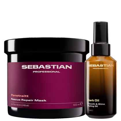 Dois produtos de beleza da marca Sebastian Professional: um pote preto e vermelho contendo uma máscara de reparação Penetraitt e um frasco de óleo de penteado Dark Oil Smooth & Shine em embalagem preta.