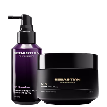 Dois produtos da marca Sebastian Professional: um frasco preto com rótulo roxo e branco, e um pote preto com rótulo dourado. O frasco contém um spray de tratamento para cabelos, enquanto o pote contém uma máscara para cabelos.