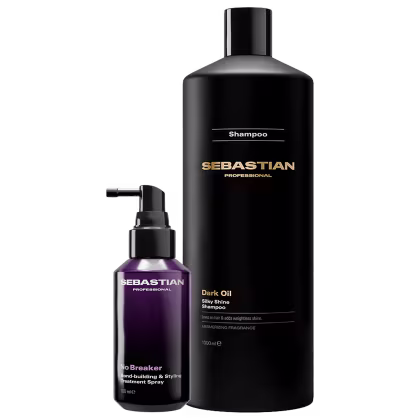 Dois produtos de beleza da marca Sebastian Professional: um frasco preto de shampoo e um frasco roxo de spray para tratamento capilar. Os rótulos exibem o nome da marca e informações sobre os produtos.