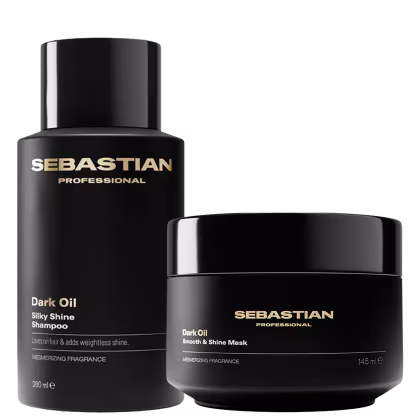 Dois produtos da marca Sebastian Professional: um frasco preto de Shampoo Dark Oil Silky Shine de 280 ml e um pote preto de Máscara Dark Oil Smooth & Shine de 145 ml. Ambos os produtos apresentam uma embalagem preta com detalhes dourados