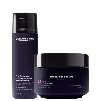 Dois produtos da marca Sebastian Professional: um frasco preto com rótulo roxo e branco, e um pote preto com rótulo roxo e branco. Os produtos são chamados "No Breaker Bonding & Styling Leave-in Cream" e "No Breaker Bonding Melting Mask", respectivamente.