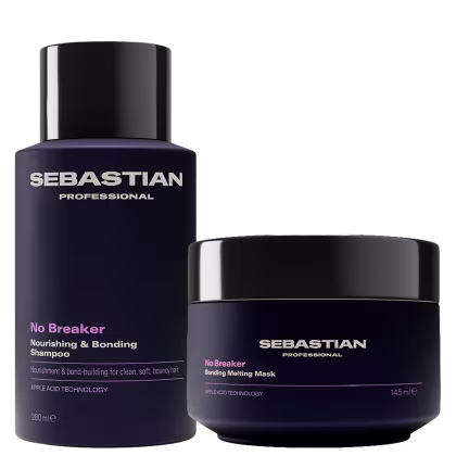 Dois produtos da marca Sebastian Professional: um frasco preto de shampoo "No Breaker" e um pote preto de máscara capilar "No Breaker Bonding Melting Mask". Ambos os produtos apresentam a marca "Sebastian Professional" em destaque.