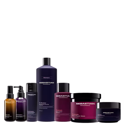 Conjunto de produtos de beleza da marca Sebastian Professional, incluindo shampoo, óleo, máscara e outros itens em embalagens pretas e vermelhas com rótulos e detalhes em texto.