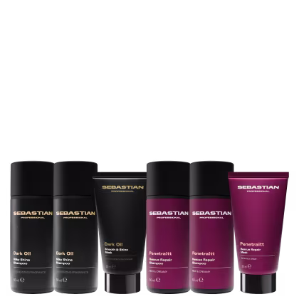 Conjunto de produtos de beleza da marca Sebastian Professional, incluindo dois frascos de shampoo Dark Oil, um tubo de máscara Dark Oil, dois frascos de shampoo Penetraitt e um tubo de máscara Penetraitt, em embalagens pretas e roxas.
