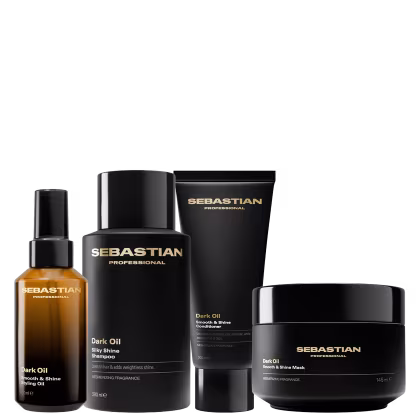 Conjunto de produtos da marca Sebastian Professional, incluindo shampoo, condicionador, máscara e óleo em embalagens pretas com detalhes dourados, apresentando a linha "Dark Oil" para cabelos.