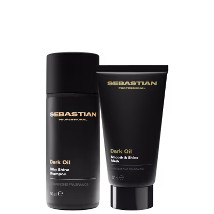 Dois produtos da marca Sebastian Professional: um frasco preto de Shampoo Silky Shine e um tubo preto de Máscara Smooth & Shine, ambos da linha Dark Oil, com rótulos em dourado.