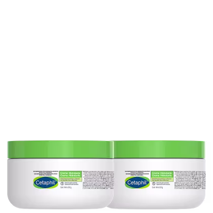 Dois potes de creme hidratante Cetaphil, com embalagem verde e branca, contendo 229g cada. O rótulo destaca o nome da marca e a indicação de ser um produto recomendado por dermatologistas para pele sensível.