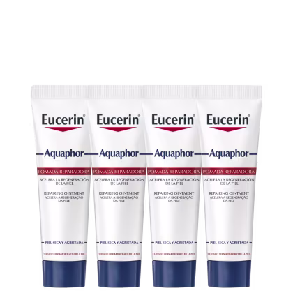 Quatro tubos de pomada reparadora da marca Eucerin Aquaphor, com rótulos em branco e azul, indicando 10ml cada.