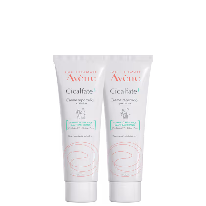 Dois tubos de creme reparador Cicalfate+ da marca Avène, com embalagem branca e detalhes em laranja, contendo informações sobre o complexo reparador e antibacteriano do produto.