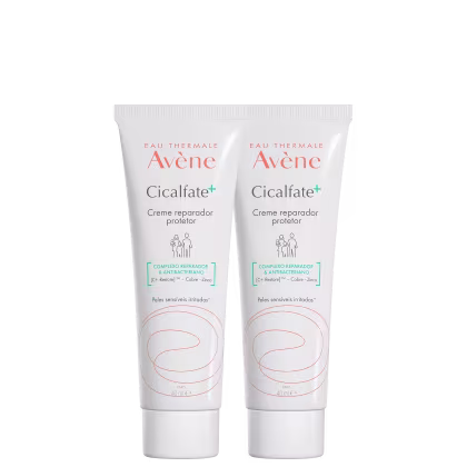 Dois tubos de creme reparador protetor Cicalfate+ da marca Avène, com 40ml cada, embalagem branca e detalhes em laranja, contendo informações sobre o complexo reparador e antisséptico do produto.