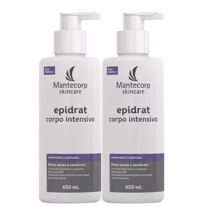 Dois frascos brancos de 450 mL da linha Mantecorp skincare, contendo o produto "epidrat corpo intensivo", um hidratante corporal para peles secas e sensíveis.