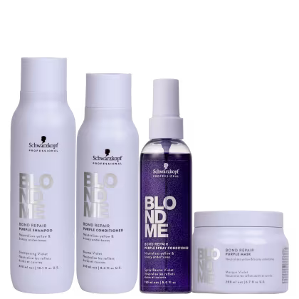 Produtos de cabelo da linha Blondme Bond Repair Purple da Schwarzkopf Professional, incluindo shampoo, condicionador, spray condicionador e máscara, em embalagens brancas e roxas.
