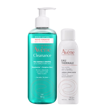 Dois produtos da marca Avène: um frasco de gel de limpeza purificante Cleanance de 400g e um frasco de água termal Avène de 150ml